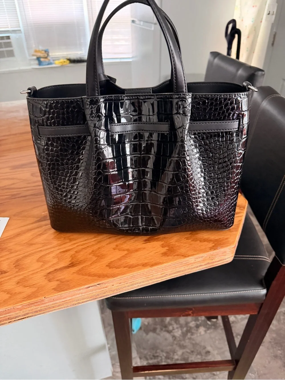 Michael Kors Black Croc-Embossed Satchel with MK Charm